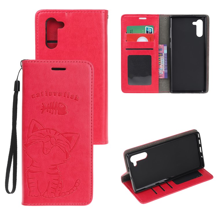 Imprint Cat and Fishbone Pattern Leather Wallet Stand Case for Huawei Honor Note 10 - Red-1