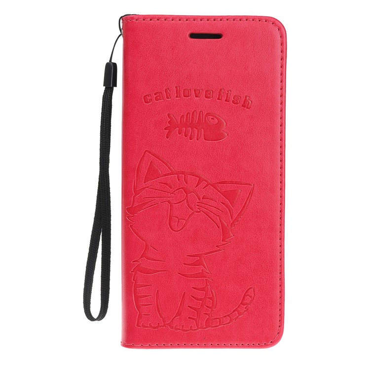 Imprint Cat and Fishbone Pattern Leather Wallet Stand Case for Huawei Honor Note 10 - Red-2