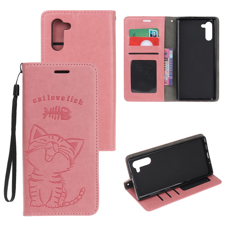 Imprint Cat and Fishbone Pattern Leather Wallet Stand Case for Huawei Honor Note 10 - Pink-1
