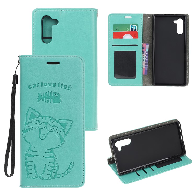 Imprint Cat and Fishbone Pattern Leather Wallet Stand Case for Huawei Honor Note 10 - Cyan-1