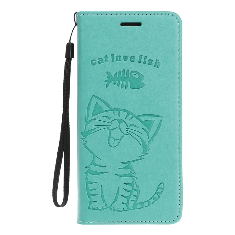 Imprint Cat and Fishbone Pattern Leather Wallet Stand Case for Huawei Honor Note 10 - Cyan-2