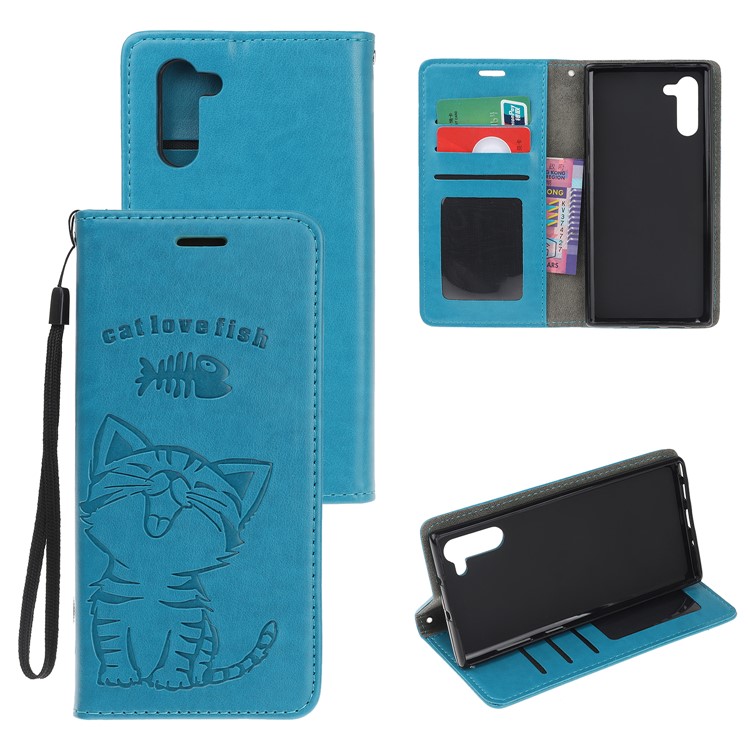 Imprint Cat and Fishbone Pattern Leather Wallet Stand Case for Huawei Honor Note 10 - Baby Blue-1