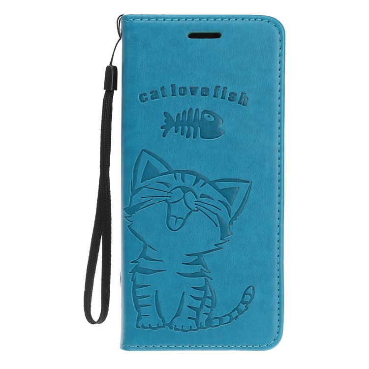 Imprint Cat and Fishbone Pattern Leather Wallet Stand Case for Huawei Honor Note 10 - Baby Blue-2