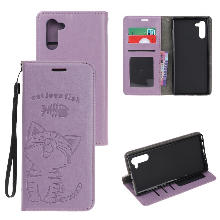 Impressão Cat And Fishbone Padrão Carteira De Couro Stand Case Para Huawei Honor Note 10 - Roxa-1