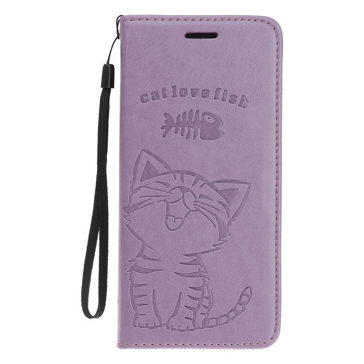 Impressão Cat And Fishbone Padrão Carteira De Couro Stand Case Para Huawei Honor Note 10 - Roxa-2