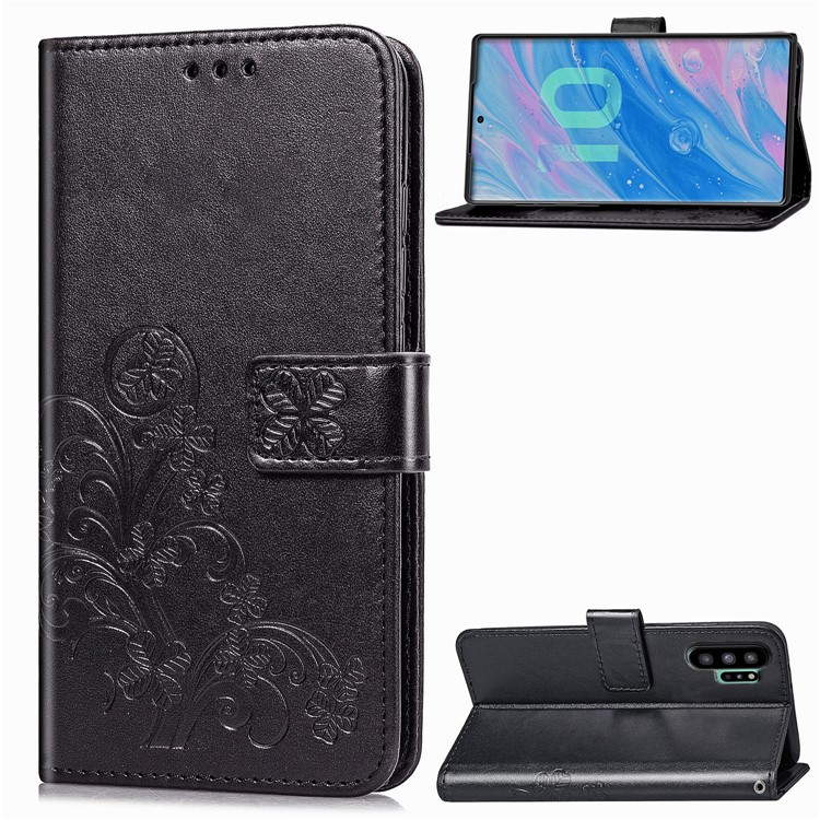 Imprint Clover Style Leather Wallet Phone Shell Cover for Samsung Galaxy Note 10 / Note 10 5G - Panda Plus / 10 Plus 5G - Black-1