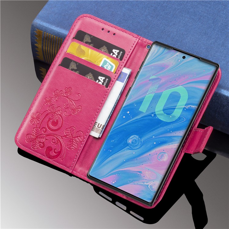 Imprint Clover Style Leather Wallet Phone Shell Cover for Samsung Galaxy Note 10 / Note 10 5G - Panda Plus / 10 Plus 5G - Rose-13