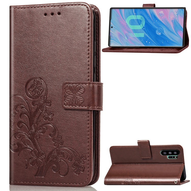 Imprint Clover Style Leather Wallet Phone Shell Cover for Samsung Galaxy Note 10 / Note 10 5G - Panda Plus / 10 Plus 5G - Bluswn-1