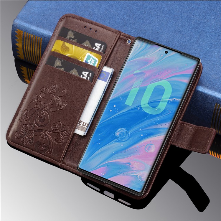 Imprint Clover Style Leather Wallet Phone Shell Cover for Samsung Galaxy Note 10 / Note 10 5G - Panda Plus / 10 Plus 5G - Bluswn-11