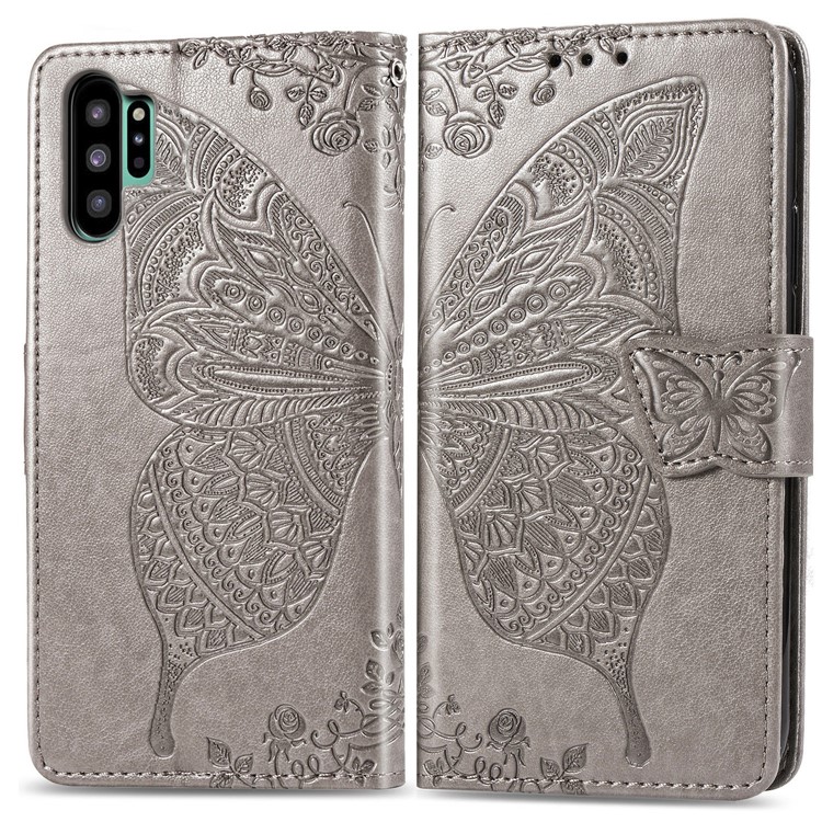 Imprint Big Butterfly Leather Wallet Phone Shell for Samsung Galaxy Note 10 Plus / 10 Plus 5G - Grey-1