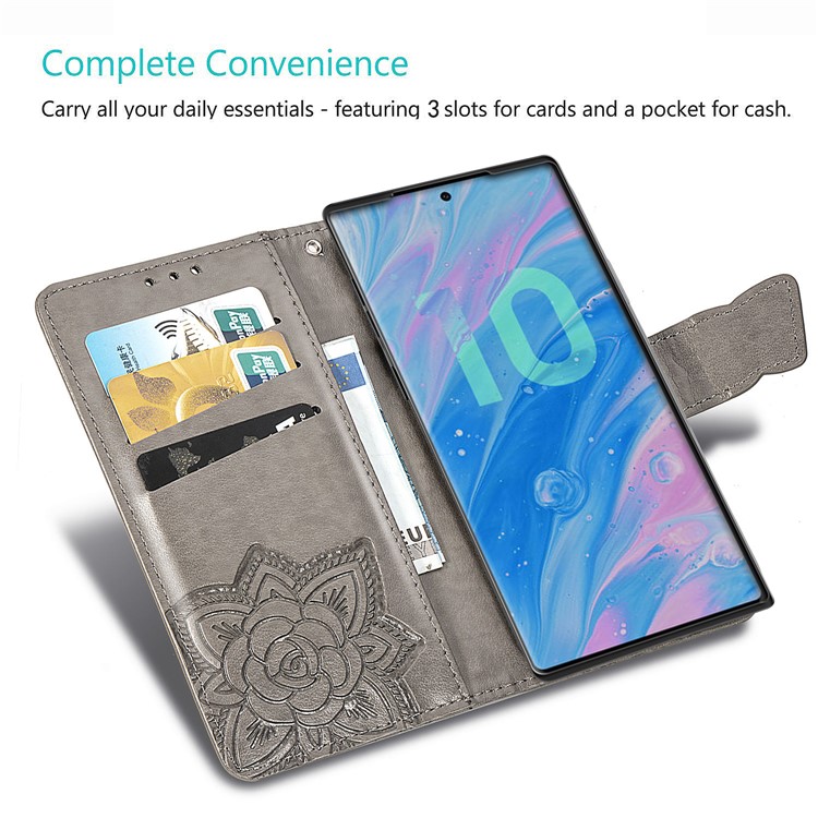 Imprint Big Butterfly Leather Wallet Phone Shell for Samsung Galaxy Note 10 Plus / 10 Plus 5G - Grey-10