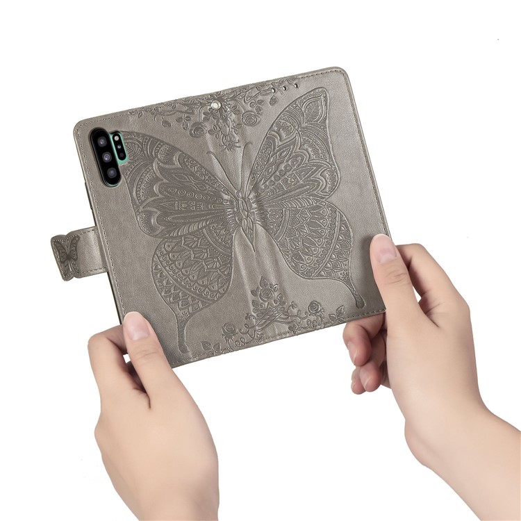 Imprint Big Butterfly Leather Wallet Phone Shell for Samsung Galaxy Note 10 Plus / 10 Plus 5G - Grey-11