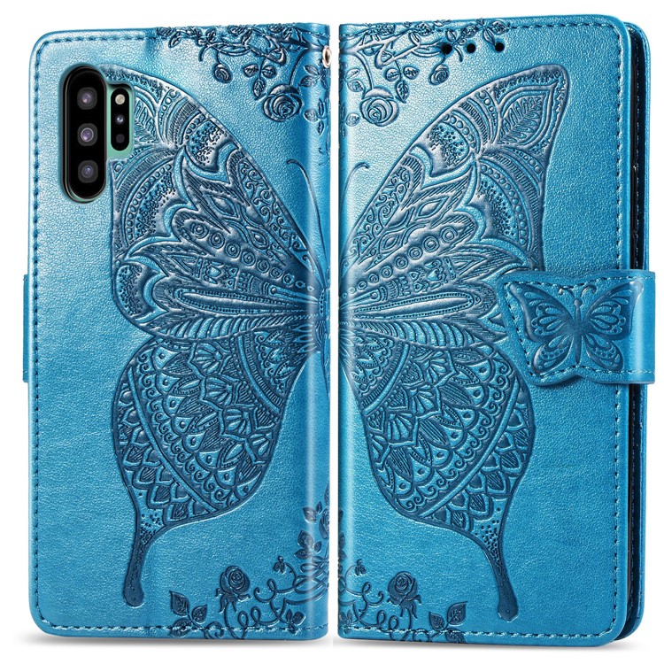 Imprint Big Butterfly Leather Wallet Phone Shell for Samsung Galaxy Note 10 Plus / 10 Plus 5G - Blue-1
