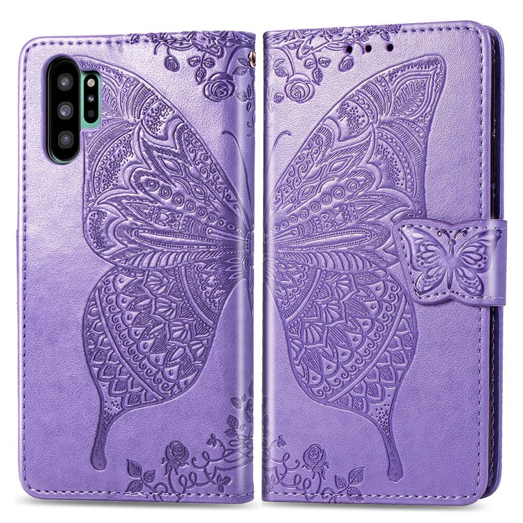 Imprint Big Butterfly Leather Wallet Phone Shell for Samsung Galaxy Note 10 Plus / 10 Plus 5G - Light Purple-1