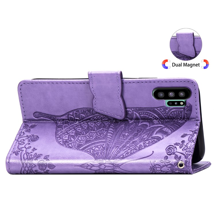Imprint Big Butterfly Leather Wallet Phone Shell for Samsung Galaxy Note 10 Plus / 10 Plus 5G - Light Purple-6
