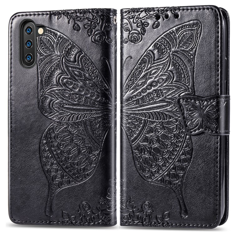 Imprint Butterfly Flip Leather Wallet Phone Shell for Samsung Galaxy Note 10/Note 10 5G - Black-1