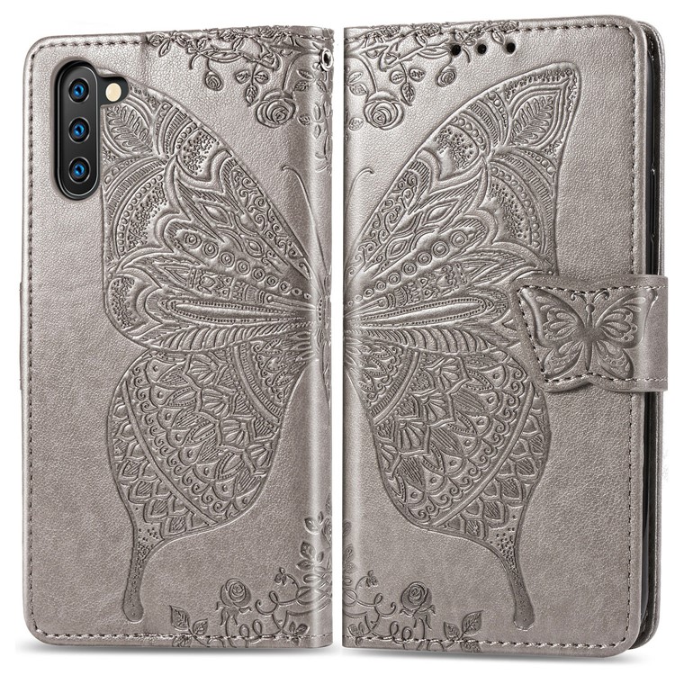 Imprint Butterfly Flip Leather Wallet Phone Shell for Samsung Galaxy Note 10/Note 10 5G - Grey-1