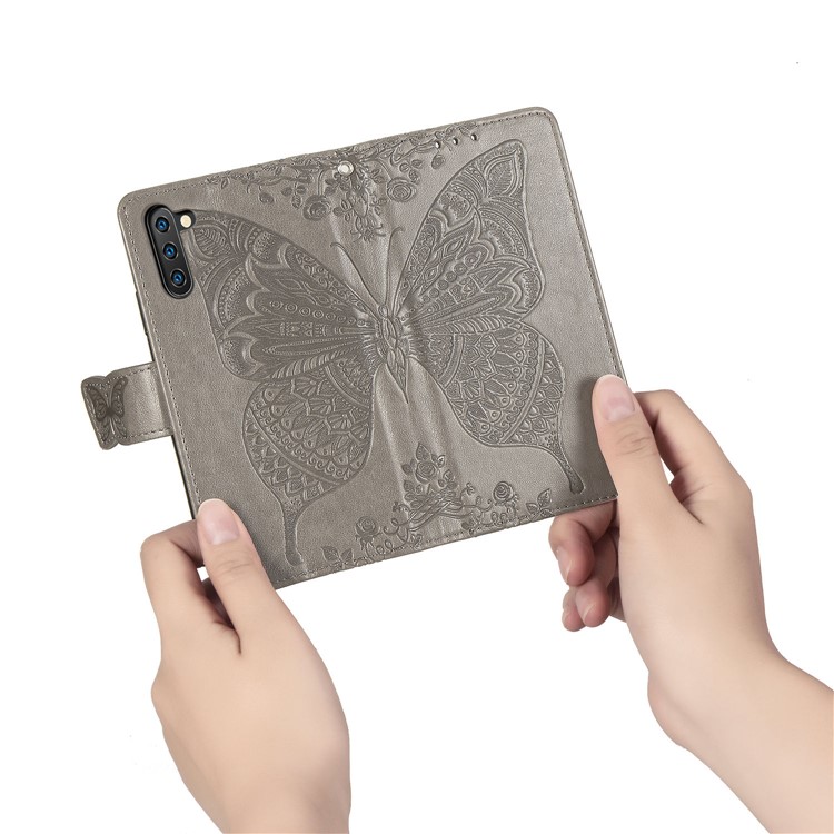 Imprint Butterfly Flip Leather Wallet Phone Shell for Samsung Galaxy Note 10/Note 10 5G - Grey-10