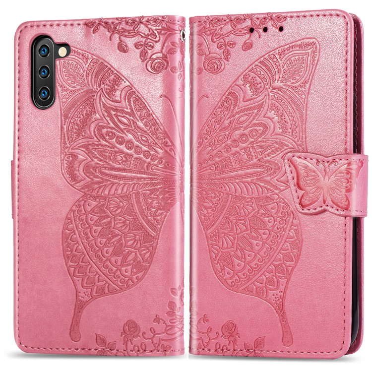 Imprint Butterfly Flip Leather Wallet Phone Shell for Samsung Galaxy Note 10/Note 10 5G - Rose-1