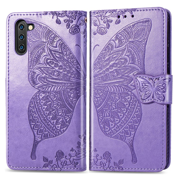 Imprint Butterfly Flip Leather Wallet Phone Shell for Samsung Galaxy Note 10/Note 10 5G - Light Purple-1