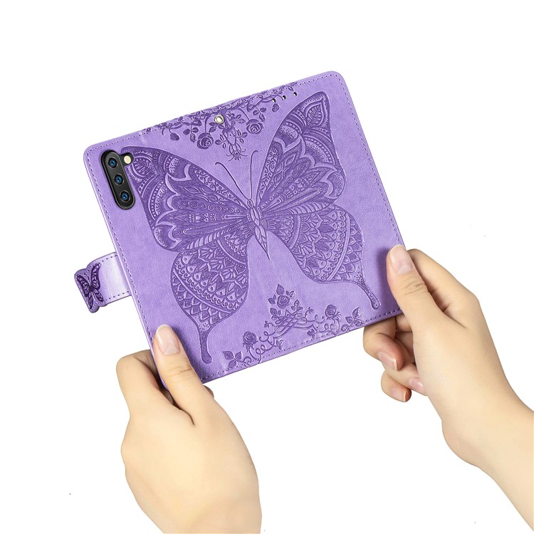 Imprint Butterfly Flip Leather Wallet Phone Shell for Samsung Galaxy Note 10/Note 10 5G - Light Purple-10