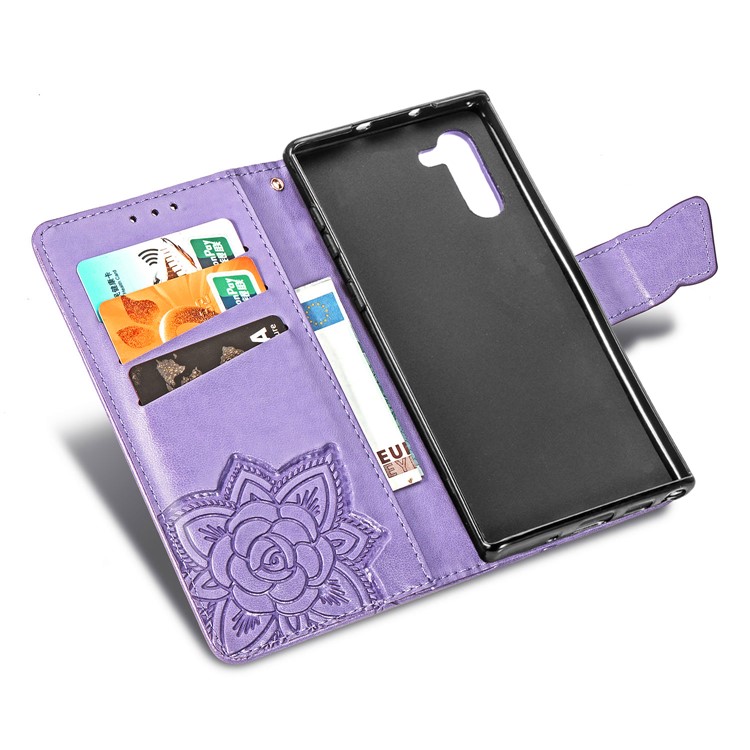 Imprint Butterfly Flip Leather Wallet Phone Shell for Samsung Galaxy Note 10/Note 10 5G - Light Purple-7