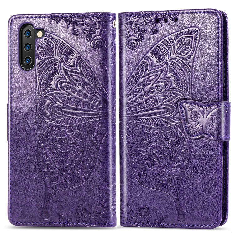Imprint Butterfly Flip Leather Wallet Phone Shell for Samsung Galaxy Note 10/Note 10 5G - Purple-1