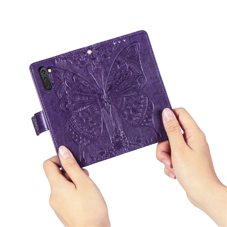 Imprint Butterfly Flip Leather Wallet Phone Shell for Samsung Galaxy Note 10/Note 10 5G - Purple-10
