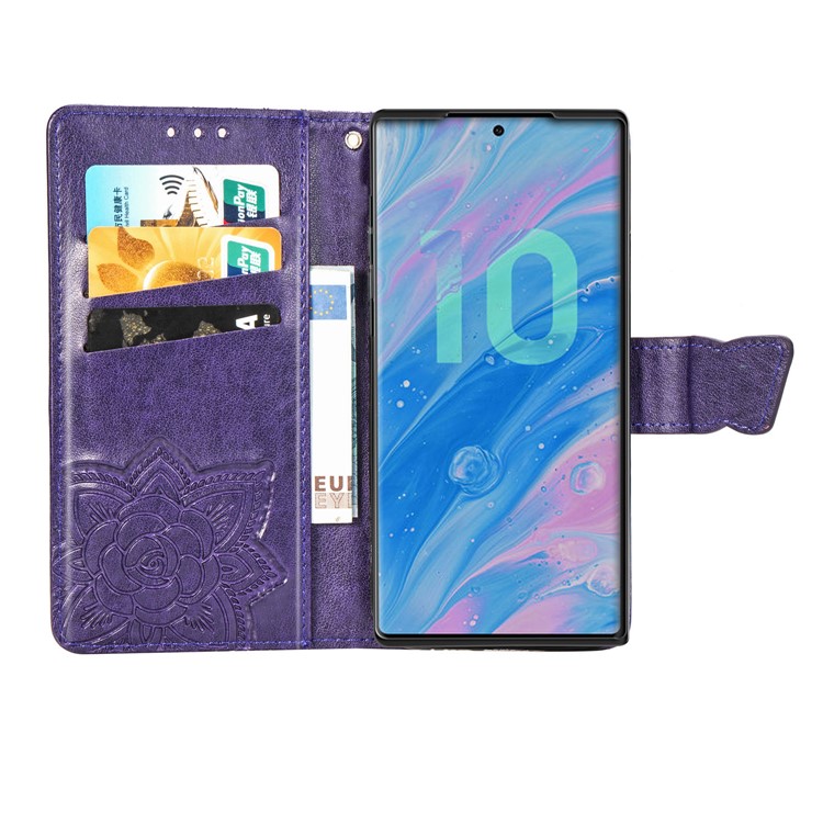 Imprint Butterfly Flip Leather Wallet Phone Shell for Samsung Galaxy Note 10/Note 10 5G - Purple-4