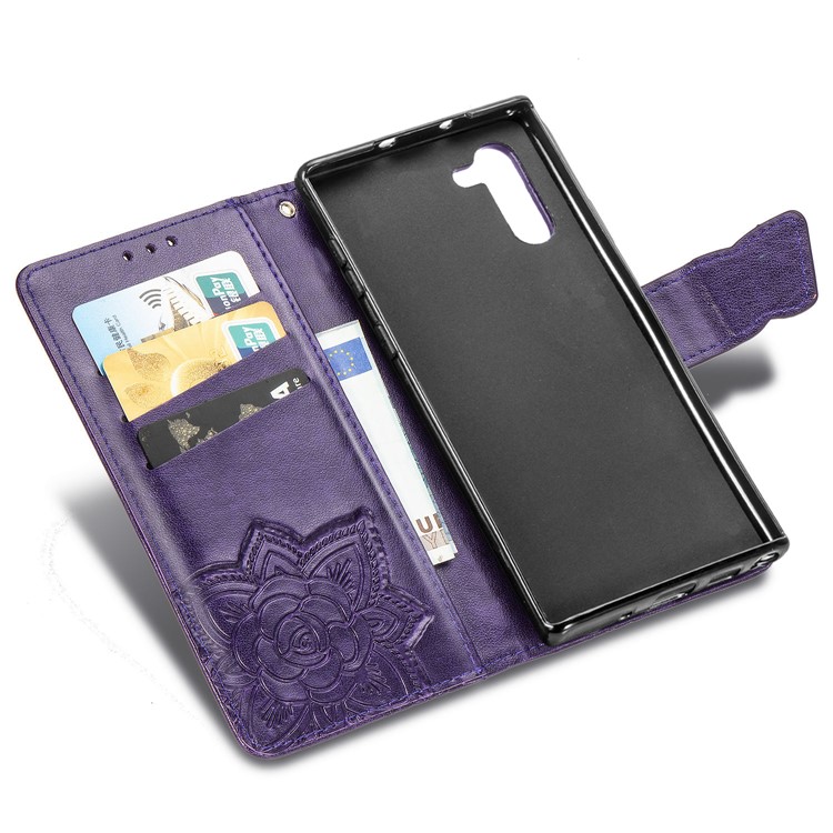 Imprint Butterfly Flip Leather Wallet Phone Shell for Samsung Galaxy Note 10/Note 10 5G - Purple-7