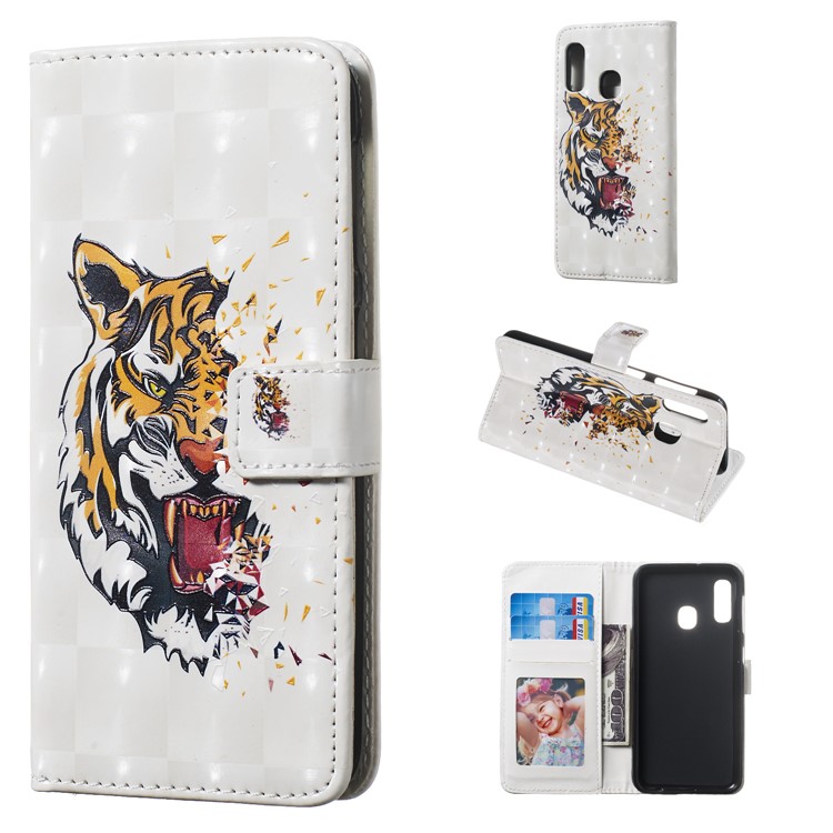 Light Spot Decor Pattern Printing Wallet Stand Leather Smartphone Case for Samsung Galaxy A20e - Tiger-1