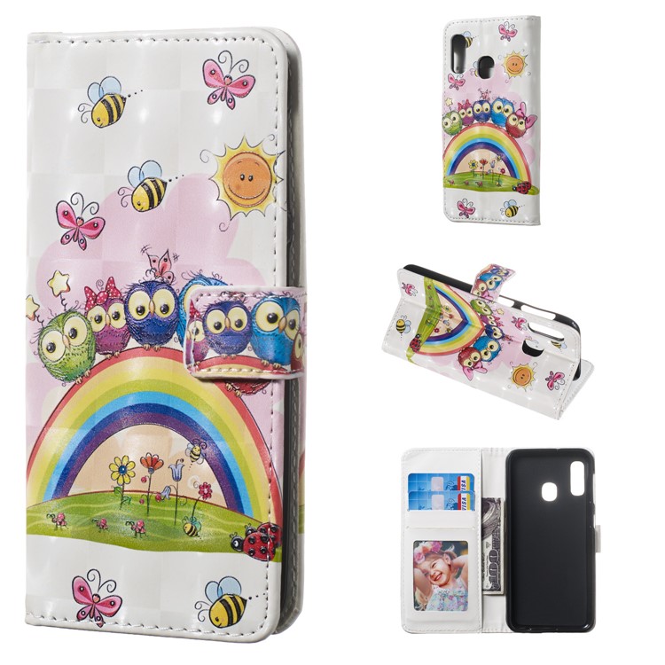 Light Spot Decor Pattern Printing Wallet Stand Leather Smartphone Case for Samsung Galaxy A20e - Owls-1