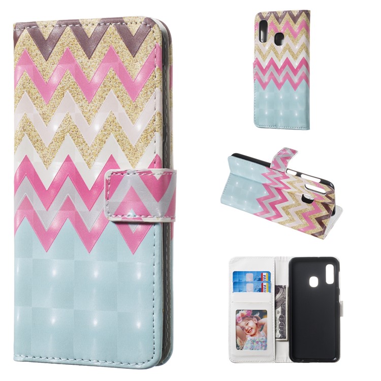 Light Spot Decor Pattern Printing Wallet Stand Leather Smartphone Case for Samsung Galaxy A20e - Colorized Wave-1