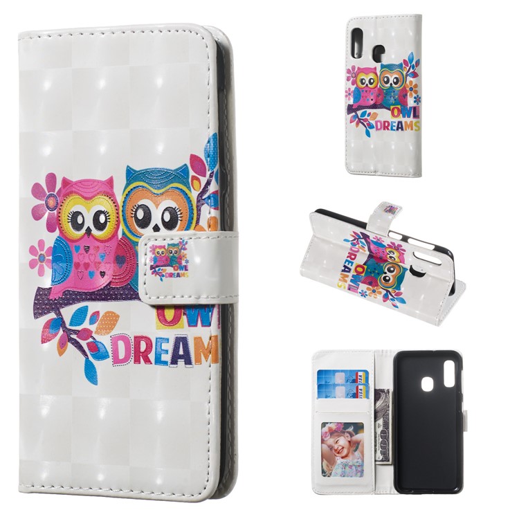 Light Spot Decor Pattern Printing Wallet Stand Leather Smartphone Case for Samsung Galaxy A20e - Two Owls-1
