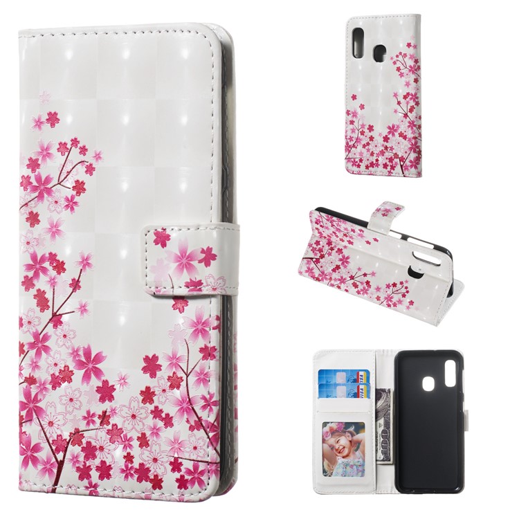 Light Spot Decor Pattern Printing Wallet Stand Leather Smartphone Case for Samsung Galaxy A20e - Pink Flowers-1