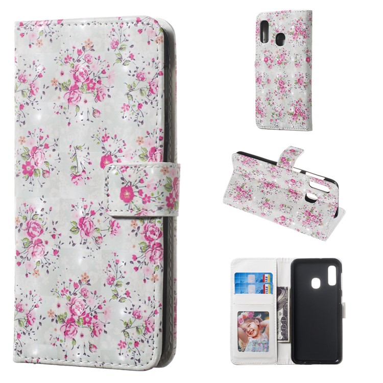 Light Spot Decor Pattern Printing Wallet Stand Leather Smartphone Case for Samsung Galaxy A20e - Pretty Flowers-1