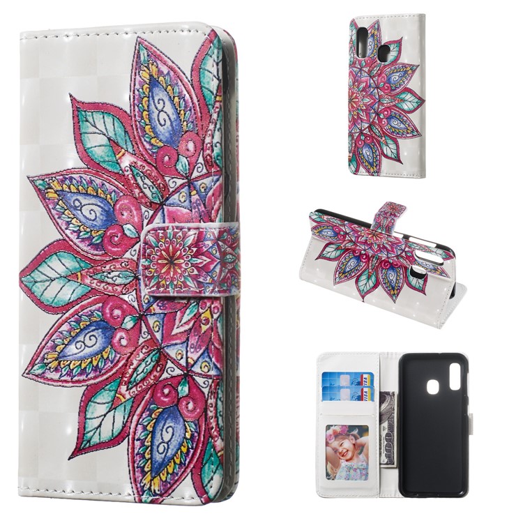 Light Spot Decor Pattern Printing Wallet Stand Leather Smartphone Case for Samsung Galaxy A20e - Mandala Flower-1