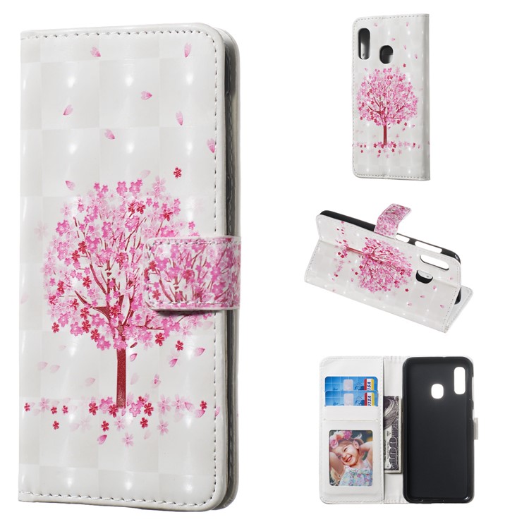 Light Spot Decor Pattern Printing Wallet Stand Leather Smartphone Case for Samsung Galaxy A20e - Pink Tree-1