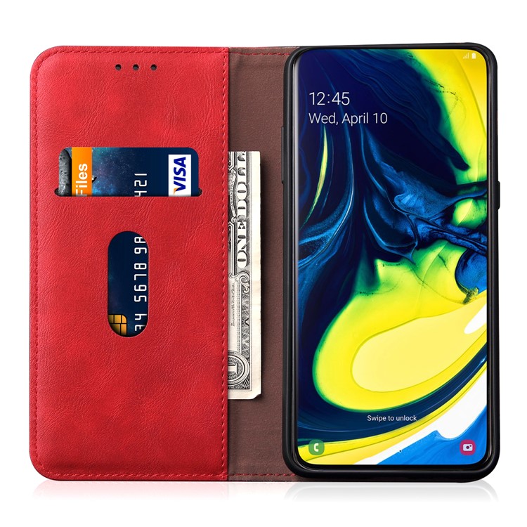 Retro Style Crazy Horse Leather Wallet Case for Samsung Galaxy A80/A90 - Red-4