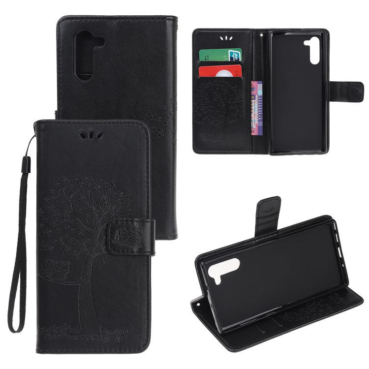 Imprint Tree Owl Wallet Stand Flip Leather Case for Samsung Galaxy Note 10/Note 10 5G - Black-1