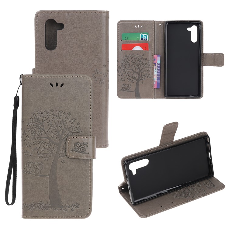 Imprint Tree Owl Wallet Stand Flip Leather Case for Samsung Galaxy Note 10/Note 10 5G - Grey-1