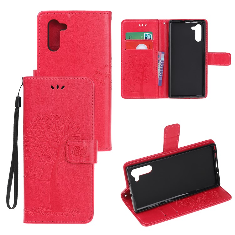 Imprint Tree Owl Wallet Stand Flip Leather Case for Samsung Galaxy Note 10/Note 10 5G - Red-1