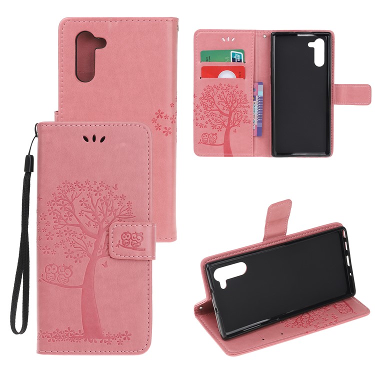Imprint Tree Owl Wallet Stand Flip Leather Case for Samsung Galaxy Note 10/Note 10 5G - Rose-1
