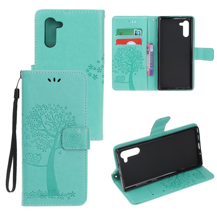 Imprint Tree Owl Wallet Stand Flip Leather Case for Samsung Galaxy Note 10/Note 10 5G - Cyan-1