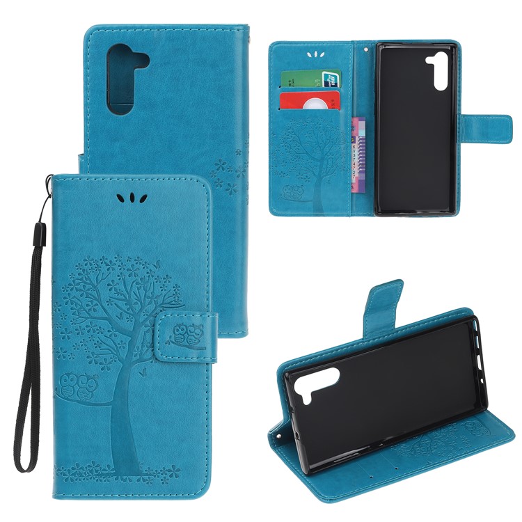 Imprint Tree Owl Wallet Stand Flip Leather Case for Samsung Galaxy Note 10/Note 10 5G - Blue-1