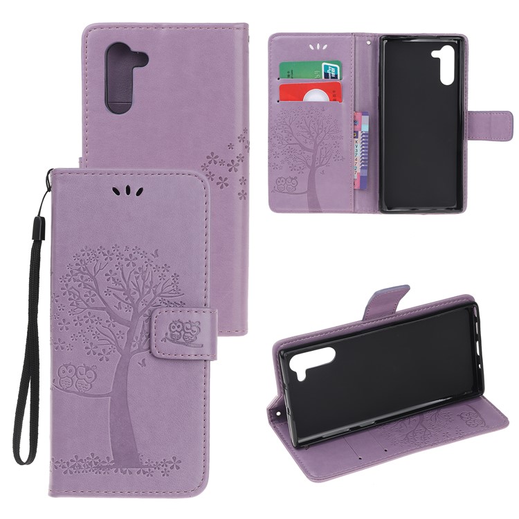 Imprint Tree Owl Wallet Stand Flip Leather Case for Samsung Galaxy Note 10/Note 10 5G - Light Purple-1