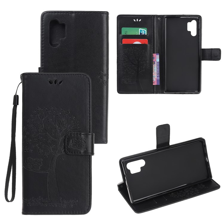 Imprint Tree Owl PU Leather Wallet Stand Case for Samsung Galaxy Note 10 Plus/10 Plus 5G - Black-1
