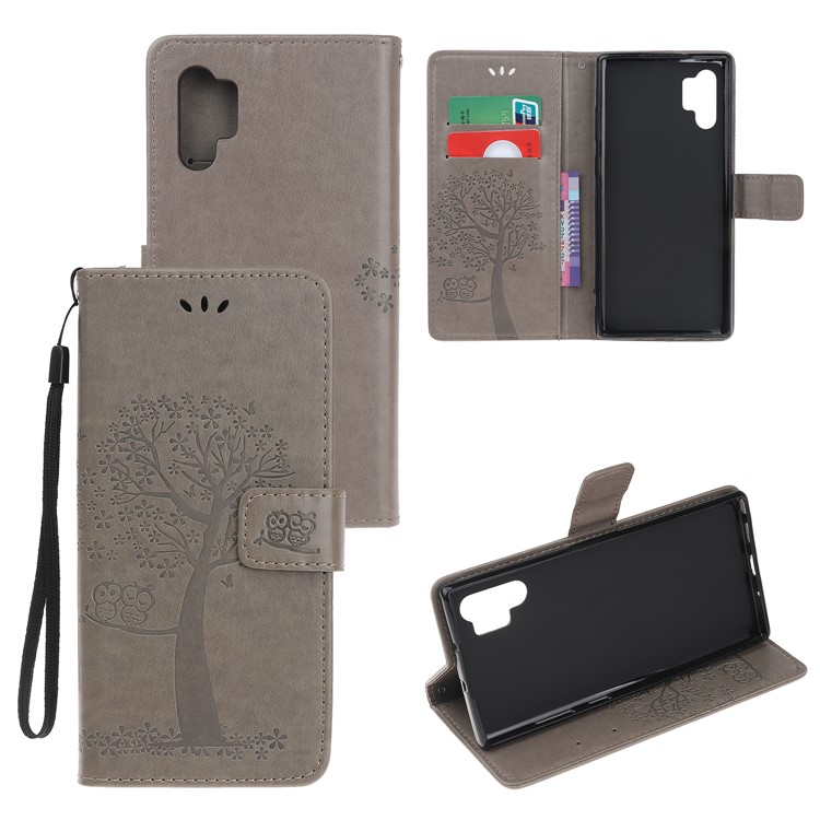 Imprint Tree Owl PU Leather Wallet Stand Case for Samsung Galaxy Note 10 Plus/10 Plus 5G - Grey-1