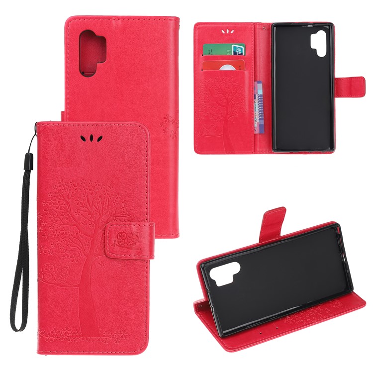 Imprint Tree Owl PU Leather Wallet Stand Case for Samsung Galaxy Note 10 Plus/10 Plus 5G - Red-1