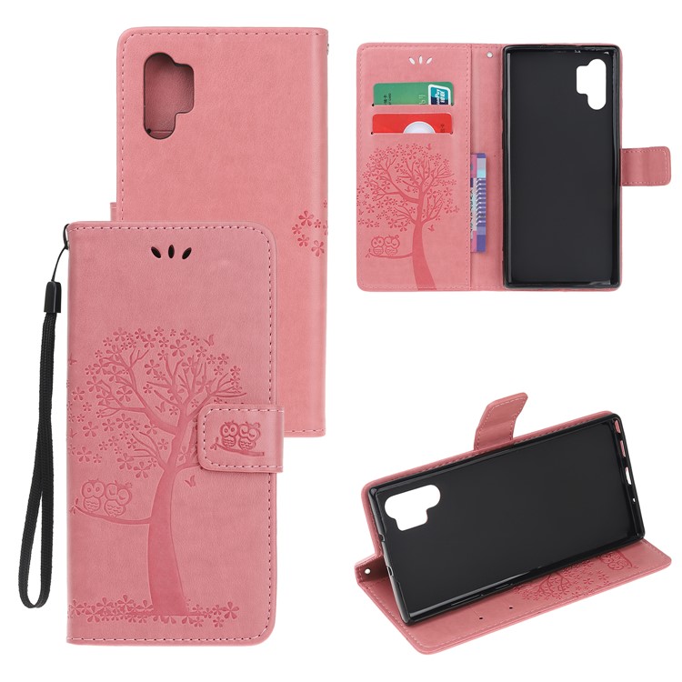 Imprint Tree Owl PU Leather Wallet Stand Case for Samsung Galaxy Note 10 Plus/10 Plus 5G - Rose-1